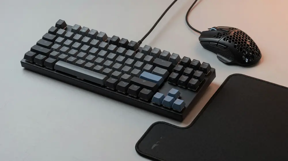 Peripheral setup detail on a competitive desk